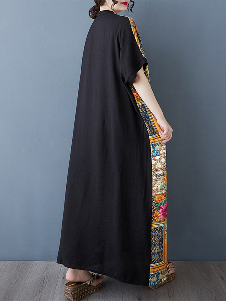 XITAO Asymmetrical Print Patchwork Pocket Dress V-neck Loose Fitting Half Sleeve A-line Summer Women Dress ZMY1117