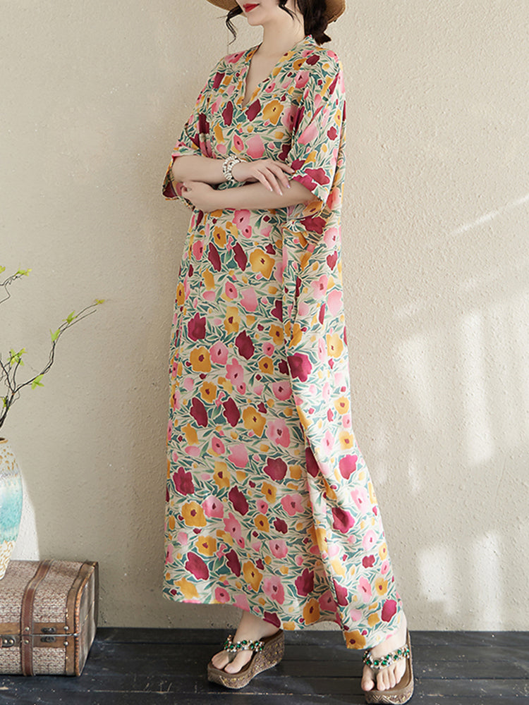 XITAO Print Flower Half Sleeve V-neck Dress Casual Personality Slimming A-line Elegant Sweet Summer Women Dress ZMY1007