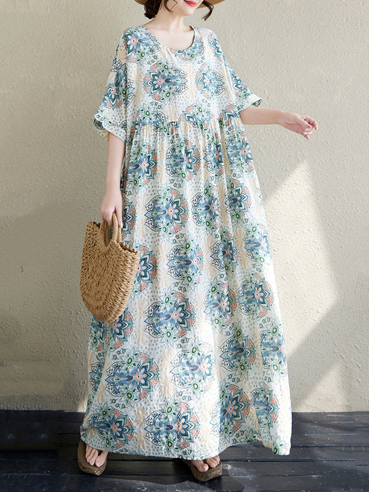 XITAO Print Flower O-neck Dress Casual Loose Fitting Slimming Short Sleeve A-line Long Style Summer Women Dress ZMY1131