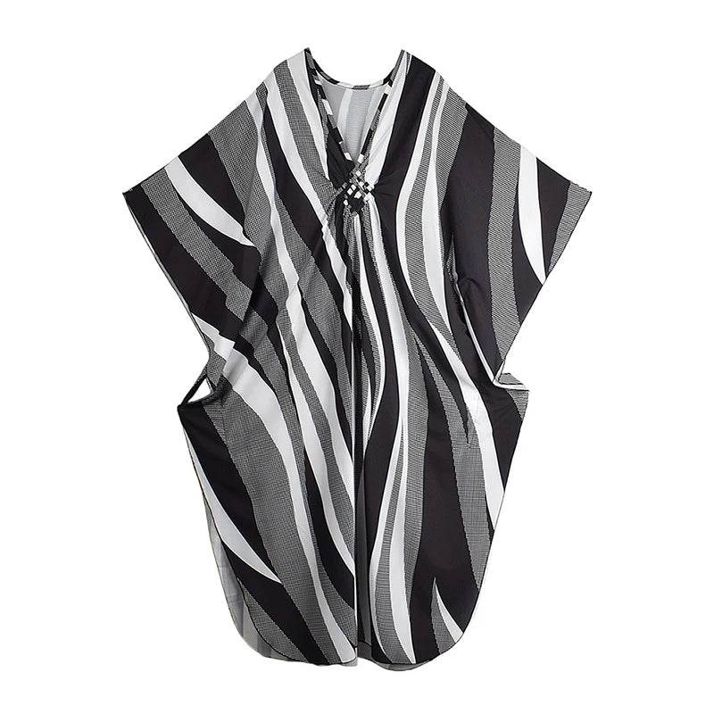 XITAO Contrast Color V-neck Dress Casual Loose Fitting A-line Batwing Sleeve Fashion Personality Summer Women Dress GJ1148