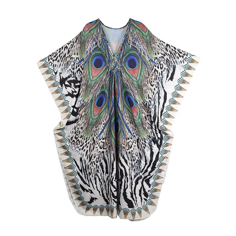 XITAO Female Print Ankle-length Dress Loose Bat Wing Sleeve Contrast Color Fashion Personality V-neck Summer Woman Dress GJ1163