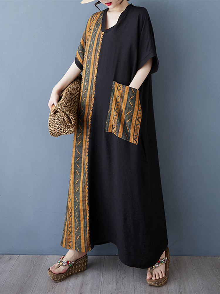 XITAO Patchwork Stripe Pocket Dress Casual Loose Fitting A-line V-neck Long Style Summer Women Dress ZMY1116