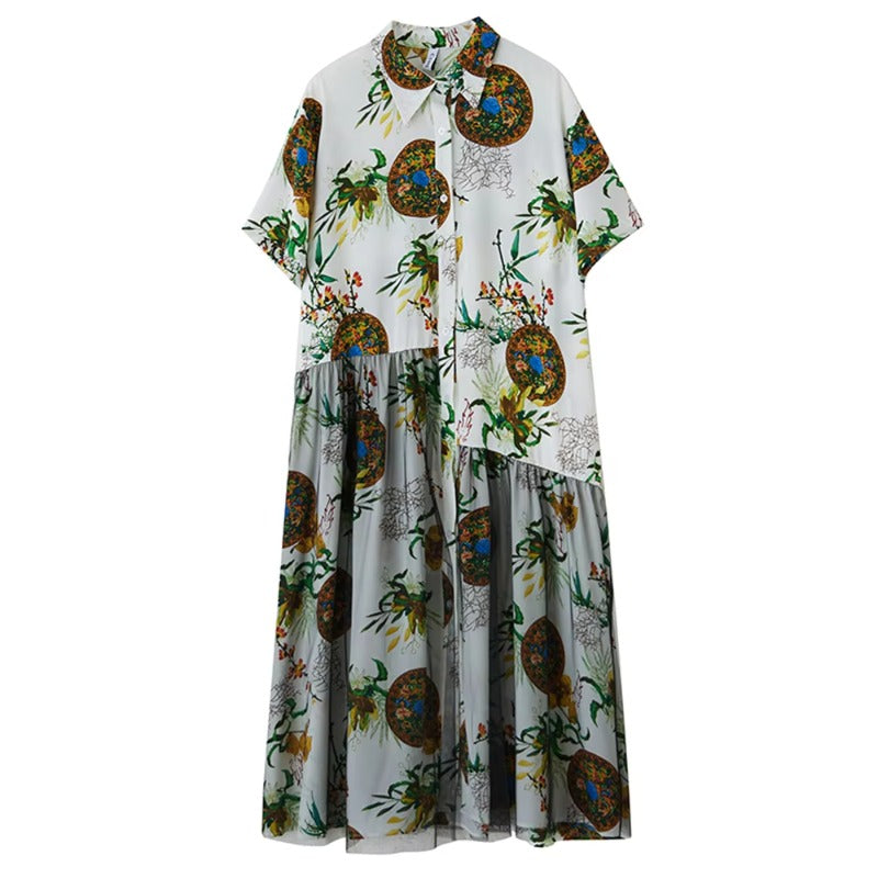 XITAO Gauze Patchwork Print Dress Turn-down Collar Loose Short Sleeve Casual Temperament Slimming Summer Woman Dress ZMY1293