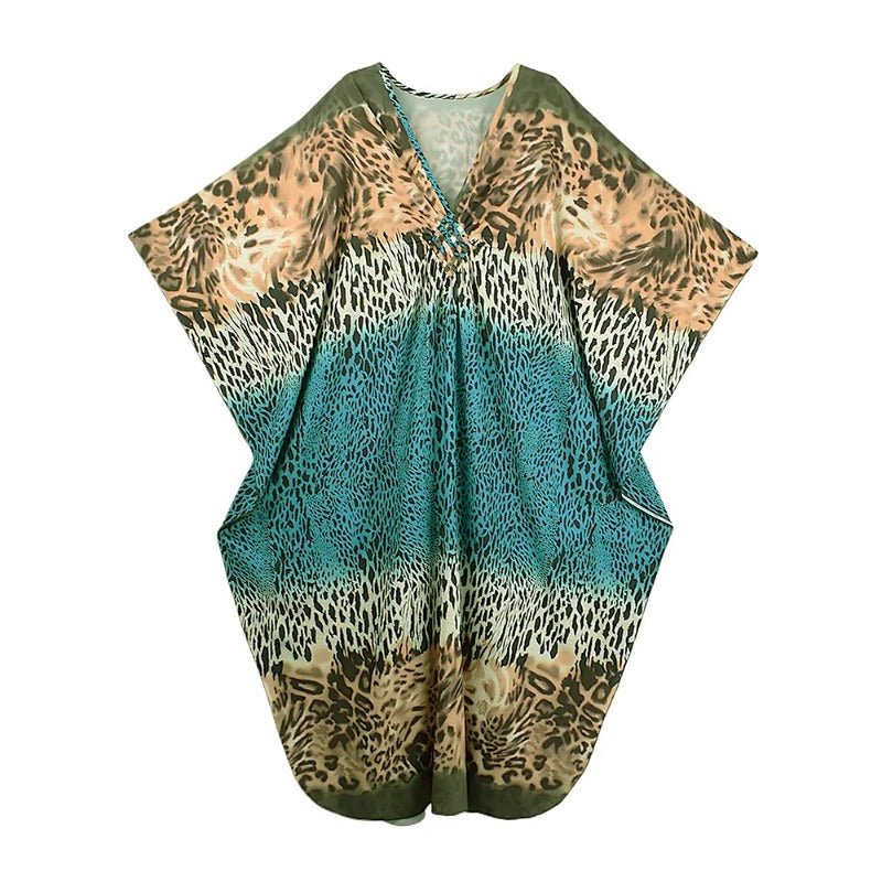 XITAO Leopard Print V-neck Dress Pullover Bat Wing Sleeve Loose Casual Vintage Temperament Summer Woman Personality Dress GJ1182