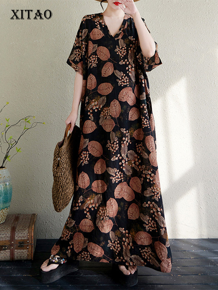 XITAO Short Sleeve Print Dress Pullover Comfortable All Match Elegant V-neck A-line Summer Women Dress ZMY1124