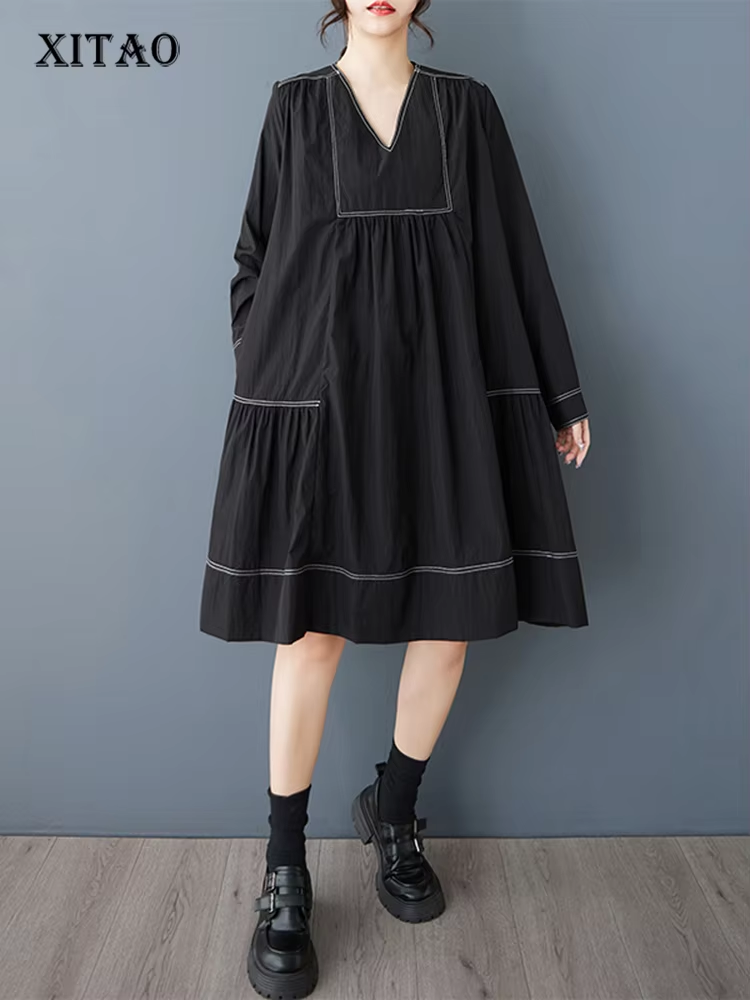 XITAO Patchwork Pleated V-neck Dress Full Sleeve Casual Solid Color A-line Fashion Sweet Slimming Spring Female Dress GYX1408