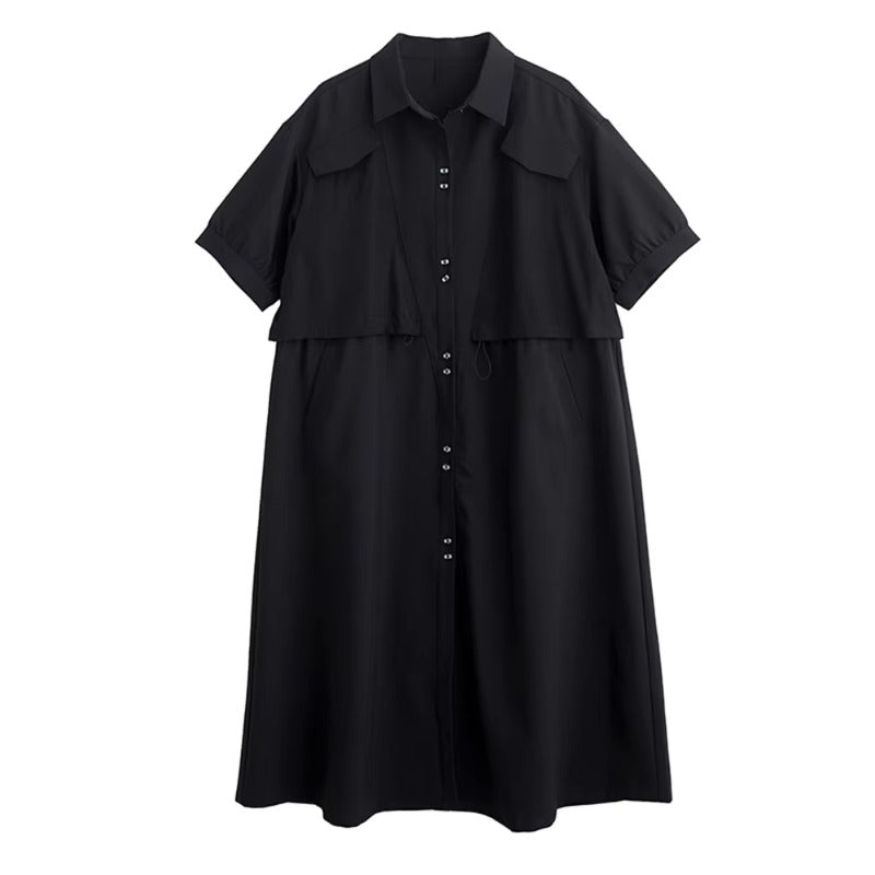 XITAO Drawstring Solid Color Dress Turn-down Collar Short Sleeve Slimming Patchwork Pocket Casual Summer Woman Dress ZMY1402