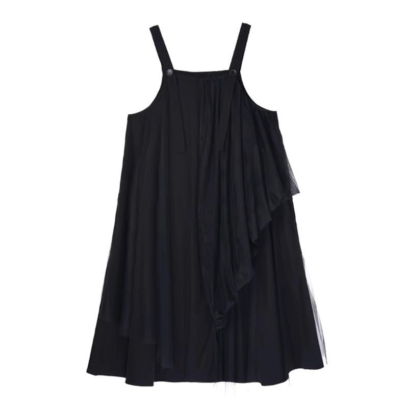 XITAO Gauze Patchwork Asymmetrical Dress Square Collar Solid Color Loose Slimming Sleeve Spaghetti Strap Casual Dress ZMY1306