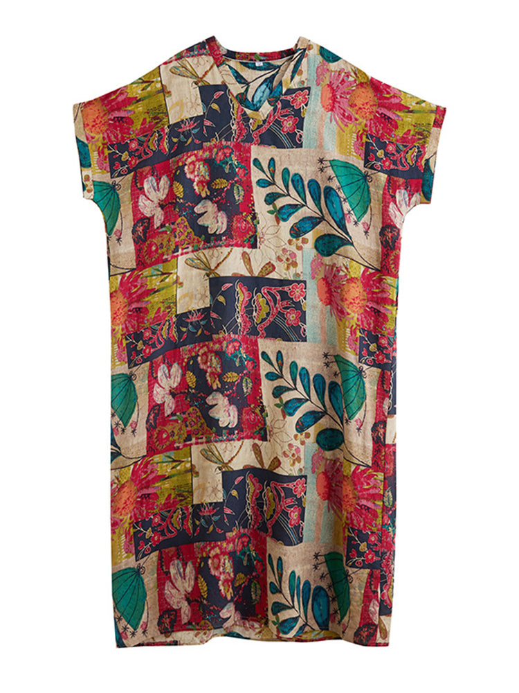 XITAO Print V-neck Dress Casual A-line Loose Fitting Batwing Sleeve Comfortable Summer Women Dress ZMY1112