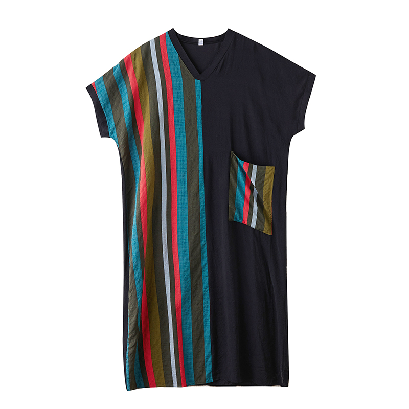 XITAO Stripe Patchwork V-neck Dress Half Sleeve A-line Asymmetrical Casual Loose Fitting Simple Women Dress ZMY1118