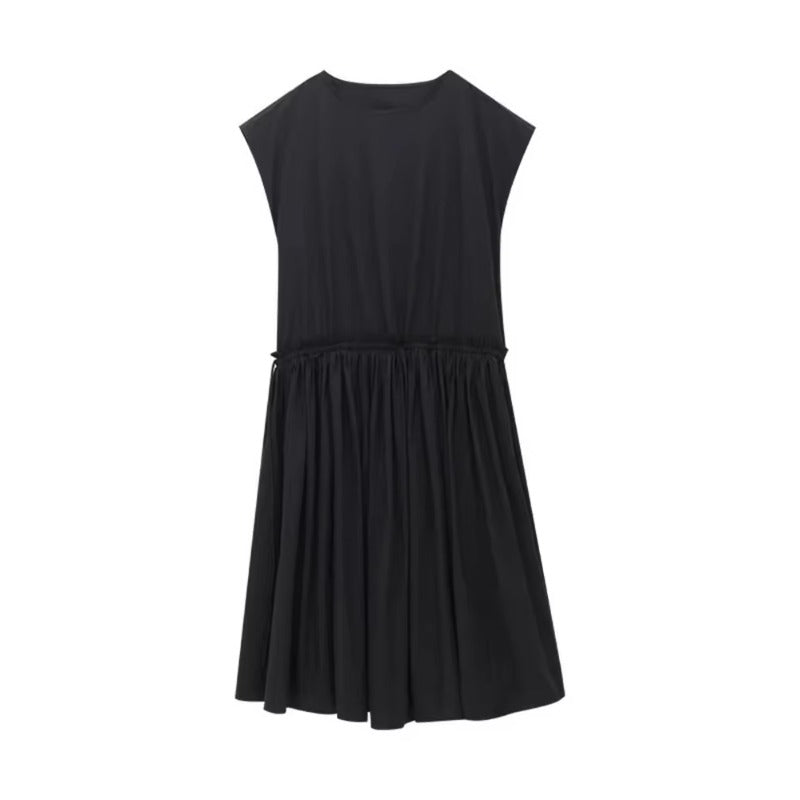 XITAO Solid Color Drawstring Dress O-neck Simple Temperament Pullover Slimming Loose Summer Woman A-line Casual Dress ZMY1331