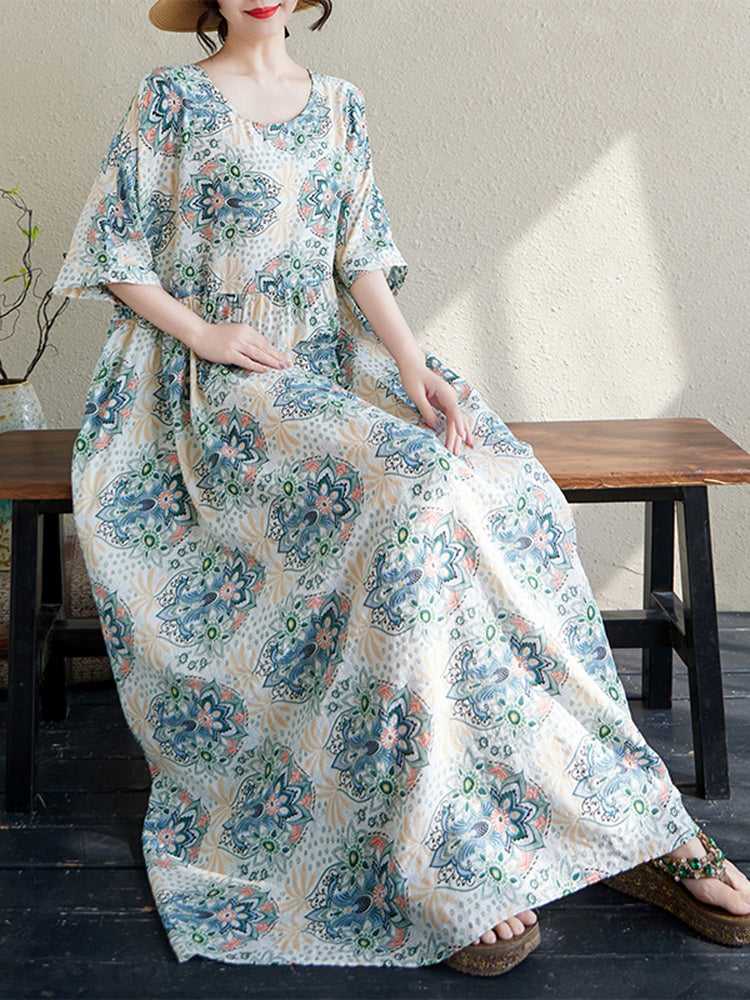 XITAO Print Flower O-neck Dress Casual Loose Fitting Slimming Short Sleeve A-line Long Style Summer Women Dress ZMY1131