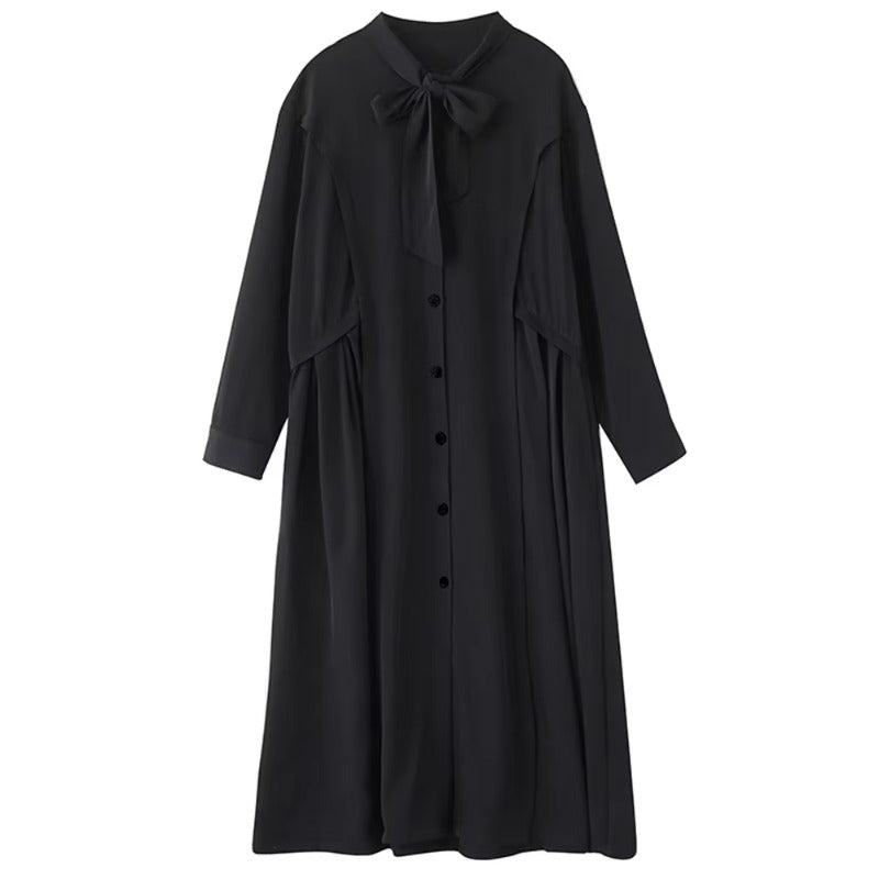 XITAO Bandage Patchwork Solid Color Folds Dress Long Sleeve Single Breasted Loose Slimming Temperament A-line Dress HQQ2502
