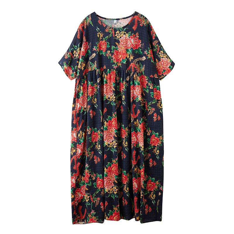 XITAO Pleated Print Flower Dress Half Sleeve A-line O-neck Casual Loose Fitting Sweet Simple All Match Women Dress ZMY1125