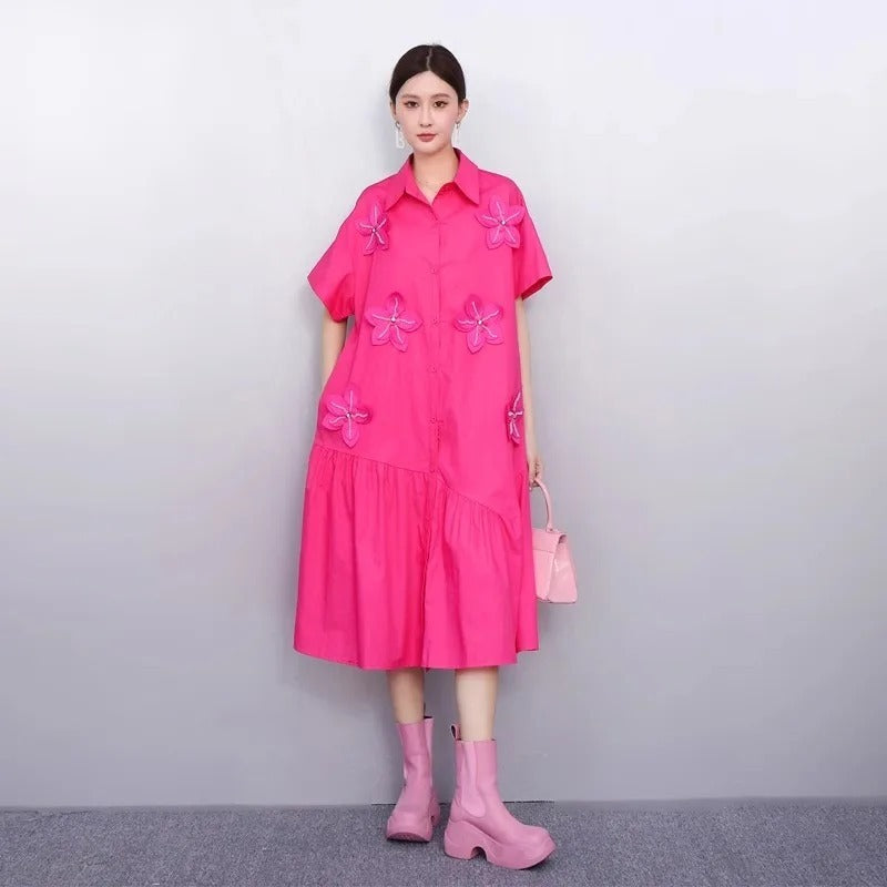XITAO Solid Color Short Sleeve Dress Three-dimensional Decoration Turn-down Collar Loose Slimming Summer Woman Dress ZMY1398