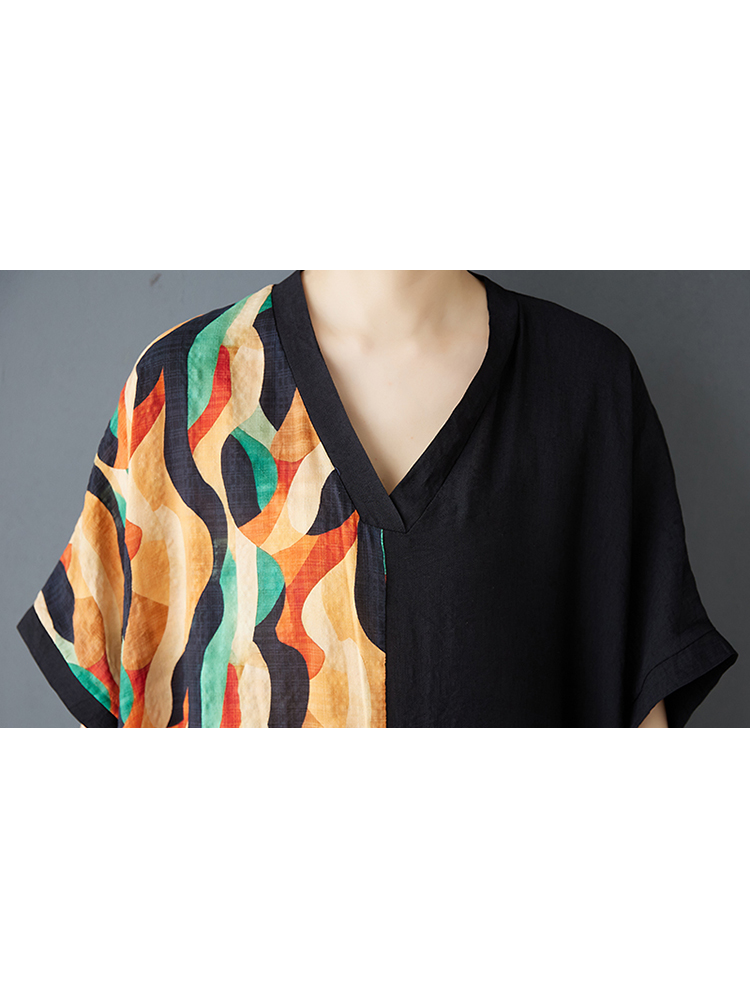 XITAO Print Patchwork Pocket Dress Short Sleeve Pullover Loose V-neck Casual Slimming Ankle-Length All Match Dress ZMY1085