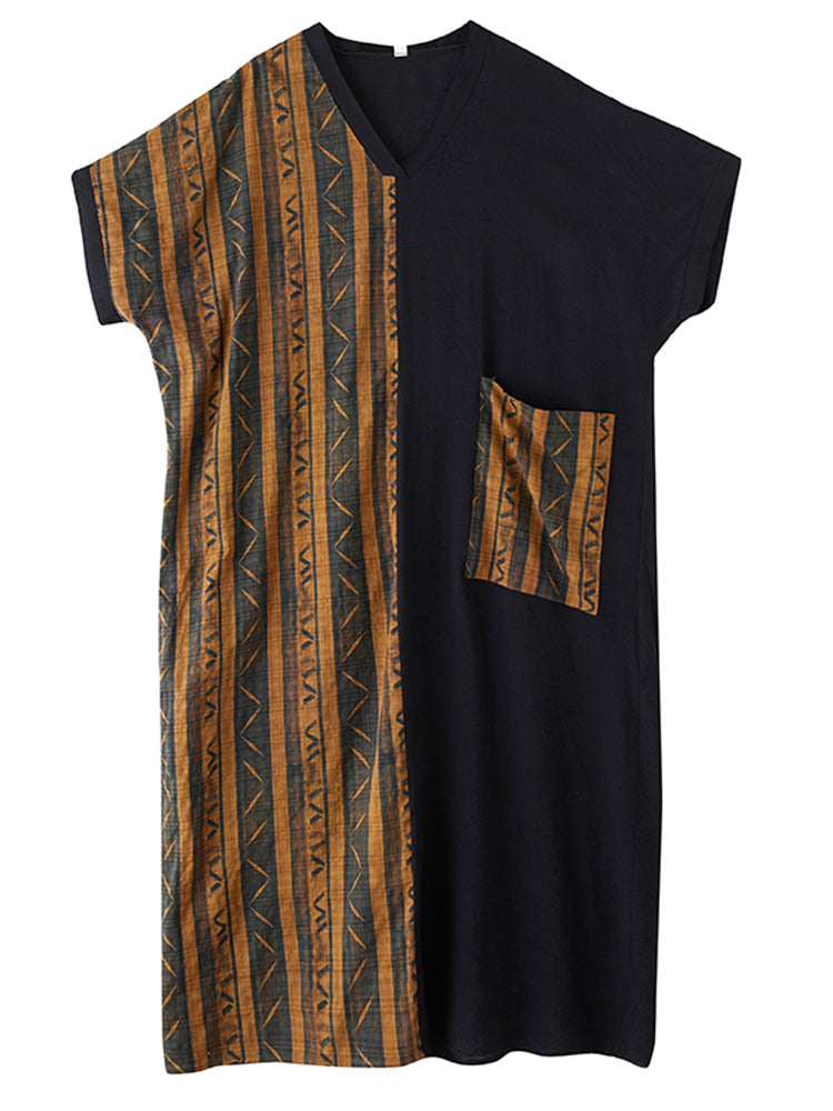 XITAO Patchwork Stripe Pocket Dress Casual Loose Fitting A-line V-neck Long Style Summer Women Dress ZMY1116