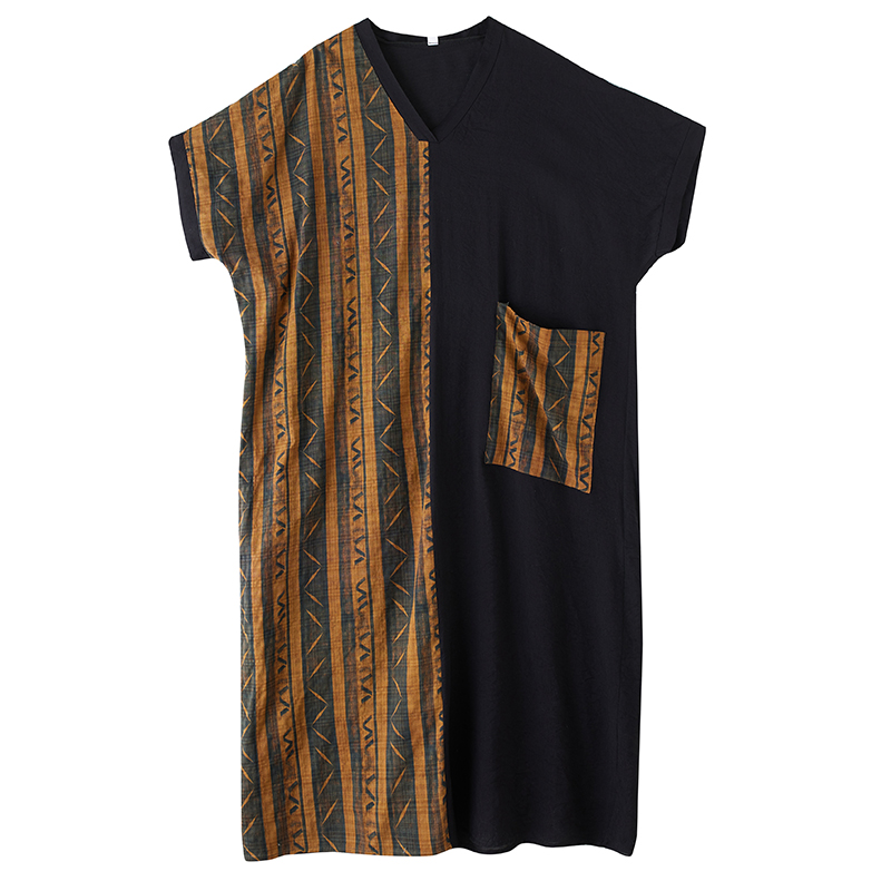 XITAO Patchwork Stripe Pocket Dress Casual Loose Fitting A-line V-neck Long Style Summer Women Dress ZMY1116