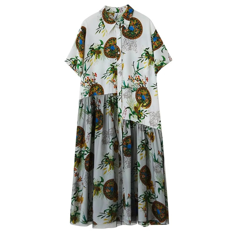 XITAO Gauze Patchwork Print Contrast Color Dress Turn-down Collar Single Breasted Short Sleeve Loose Casual Match Dress ZMY1334