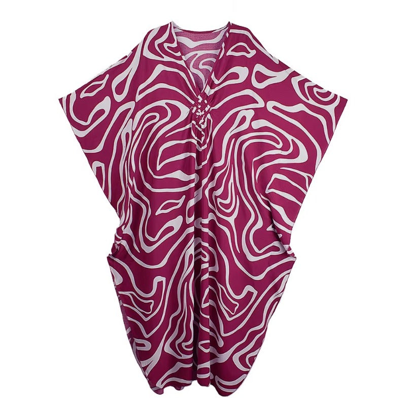 XITAO Irregular Print Contrast Color Dress Temperament Side Slit Bat Wing Sleeve Loose Fashion Summer Woman V-neck Dress GJ1174