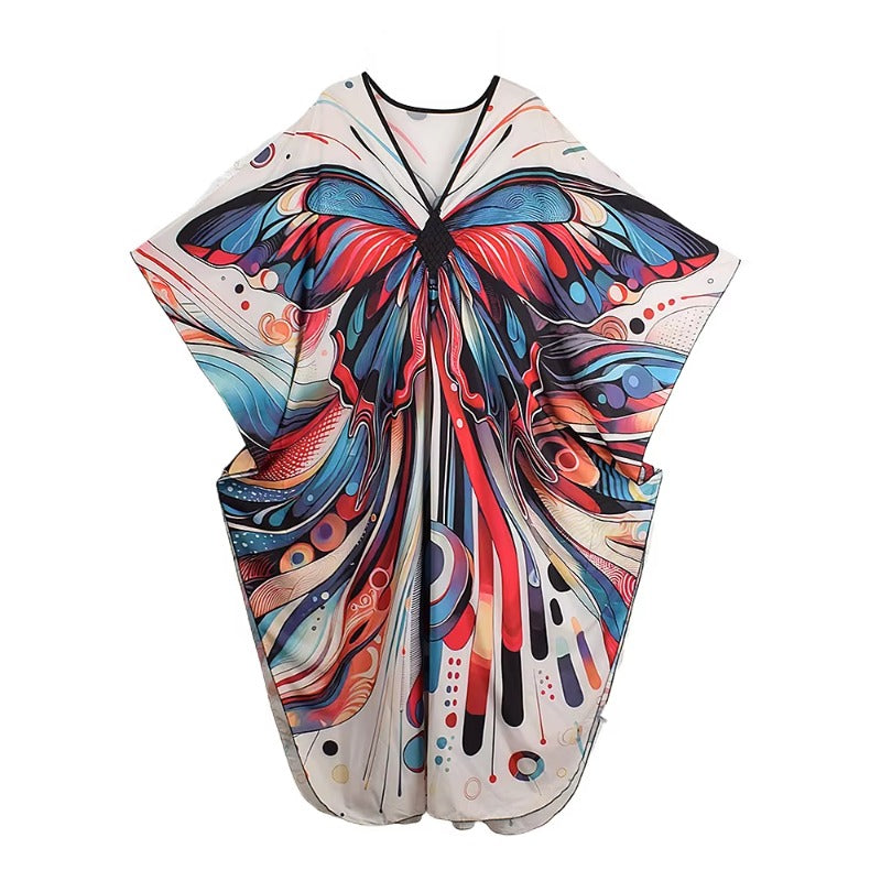 XITAO Butterfly Print V-neck Dress Bat Wing Sleeve Pullovers Side Slit Casual Vintage Ankle-length Summer Woman Dress GJ1168