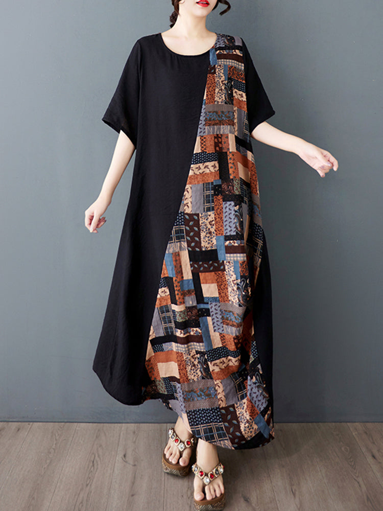 XITAO Asymmetrical Patchwork Dress O-neck Print A-line Half Sleeve Comfortable Pullover Summer Women Dress ZMY1130