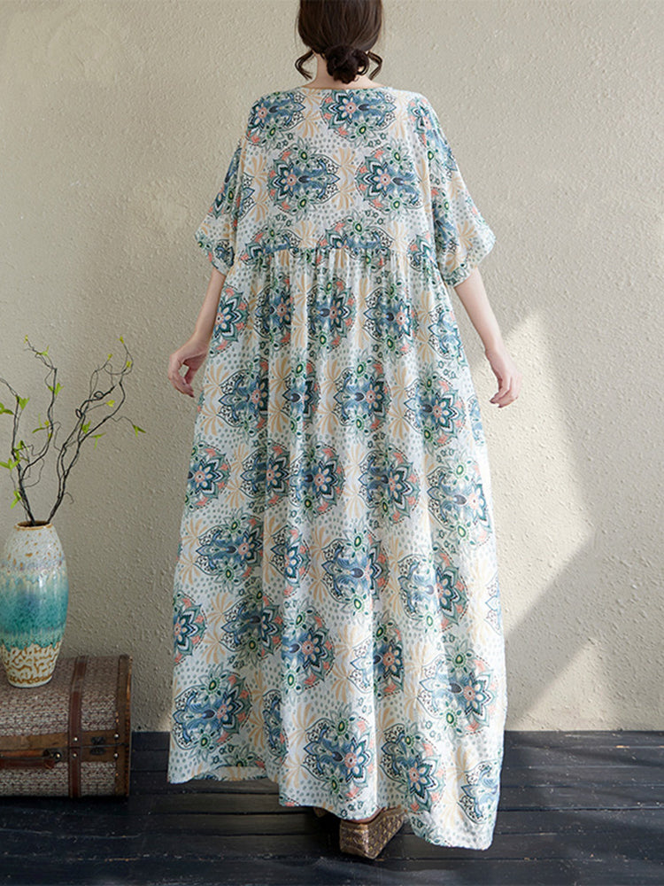 XITAO Print Flower O-neck Dress Casual Loose Fitting Slimming Short Sleeve A-line Long Style Summer Women Dress ZMY1131