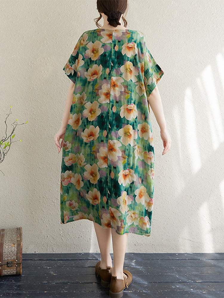 XITAO Print Floral Short Sleeve Dress Mid-calf A-line Loose Fitting Sweet O-neck Goddess Fan Summer Dress ZMY1114