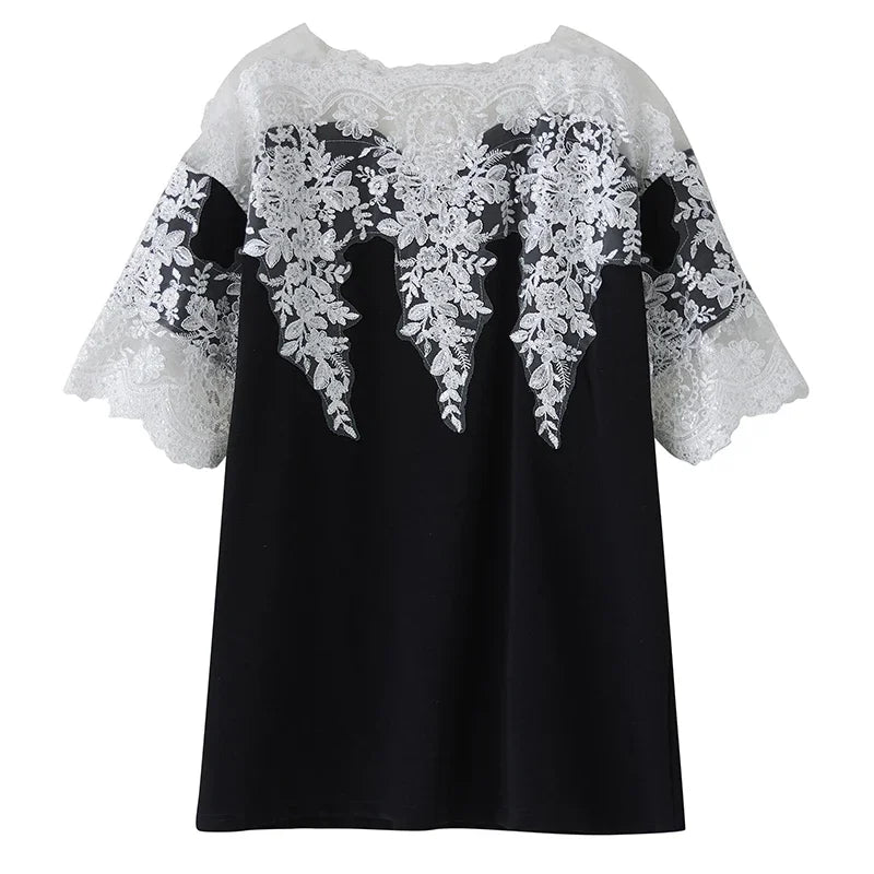 XITAO Lace Patchwork Contrast Color Dress O-neck Pullover Short Sleeve Loose Temperament All Match Vintage Casual Dress ZMY1246