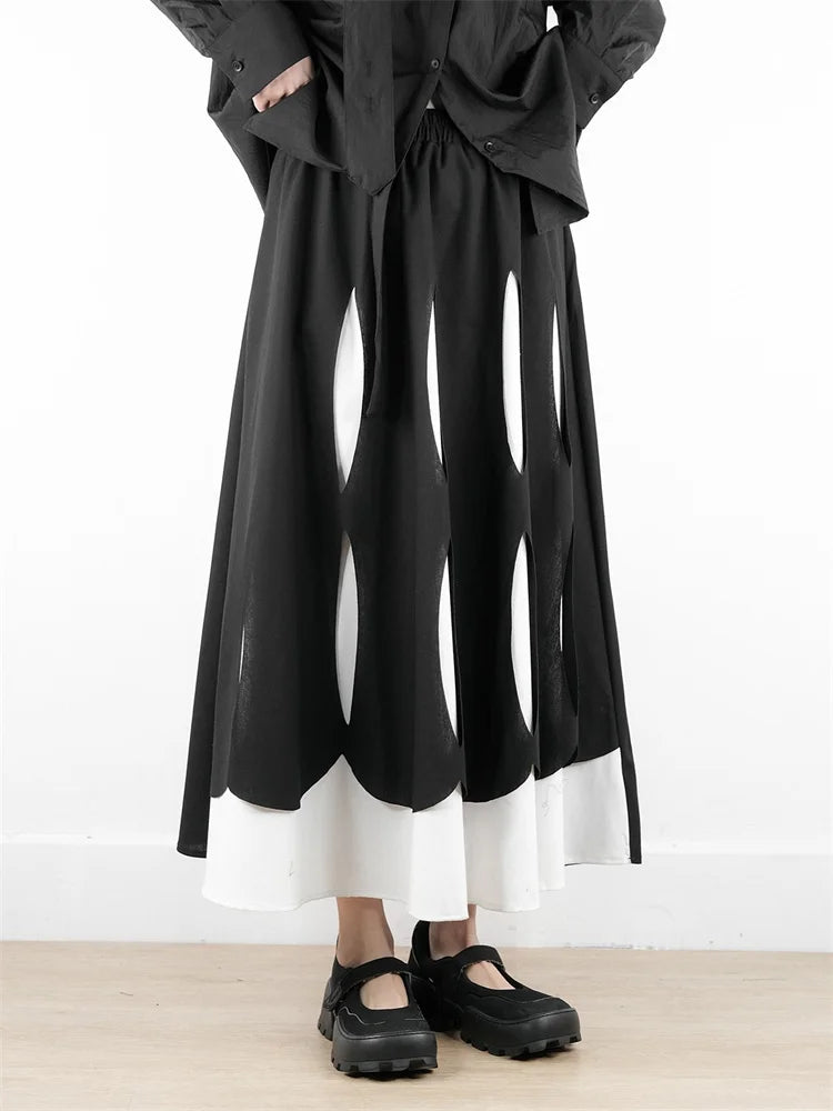 XITAO Hollow Out Contrast Color Pocket Skirt Elastic Waist Patchwork A-line Loose Personality Mid-calf Casual Skirt HQQ2441