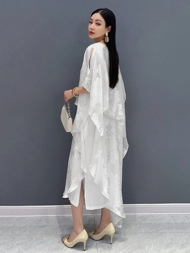 XITAO Jacquard Asymmetrical Folds Pullover Dress Solid Color O-neck Loose Temperament All Match Slimming Casual Dress ZMY1178