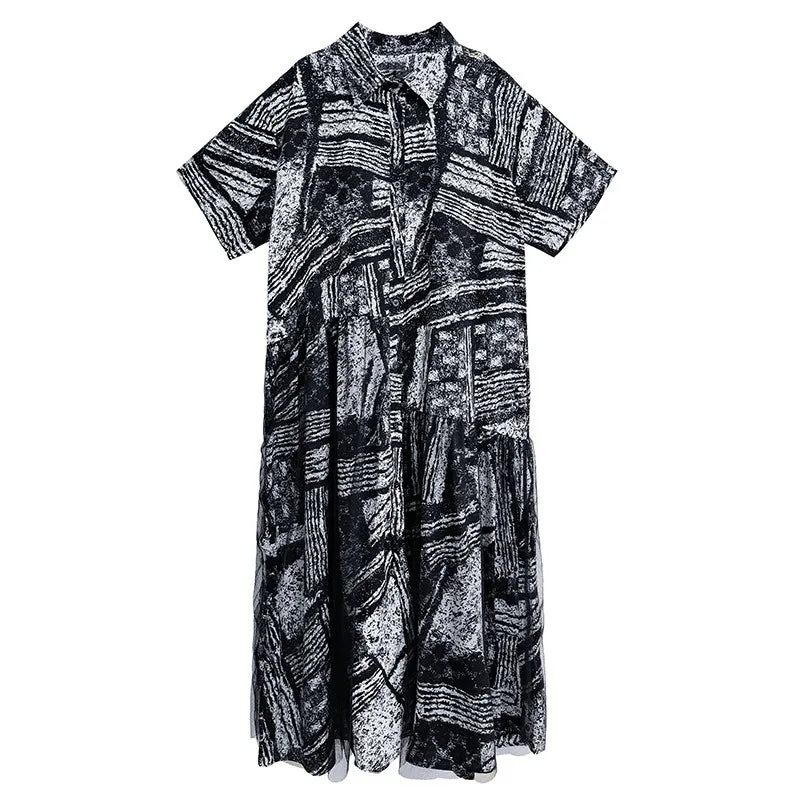XITAO Print Gauze Patchwork Pullover Women Short Sleeve Dress Turn-down Collar Loose Slimming A-line Casual Dress ZMY1162