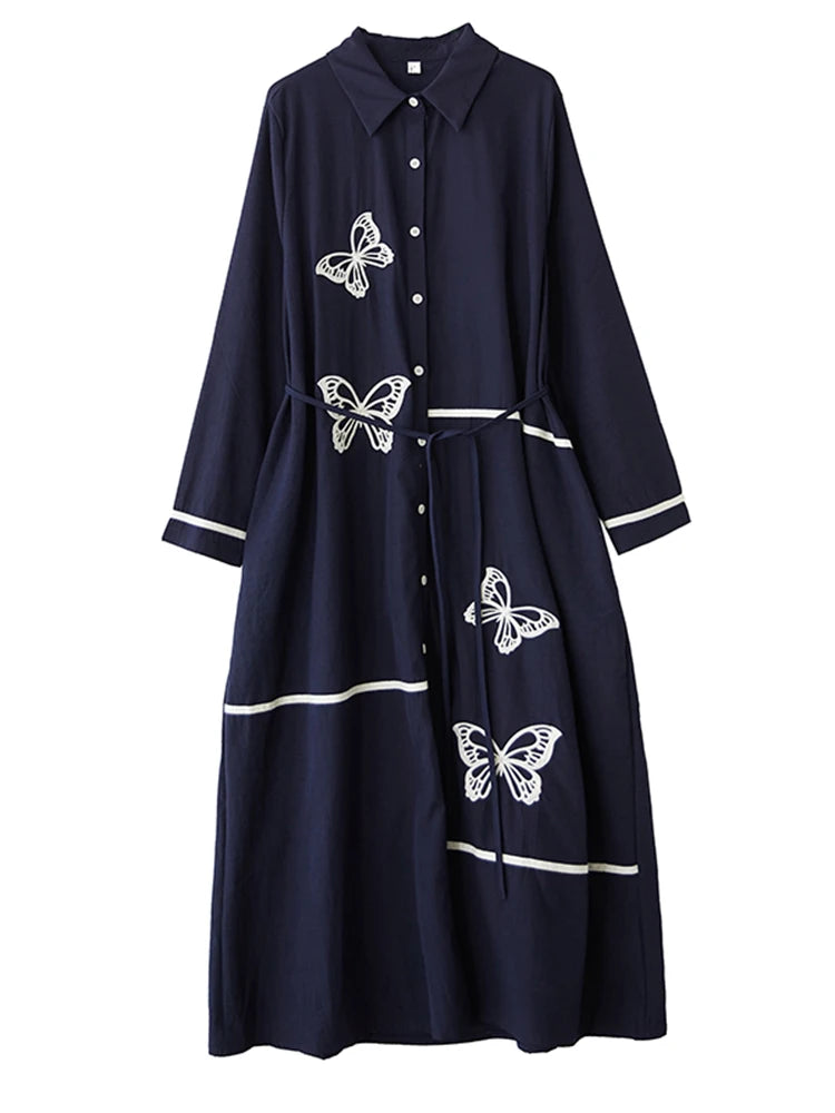 XITAO Embroidery Single Breasted Lapel Dress Casual New Arrival Slimming Fashion Full Sleeve A-line Spring Women Dress GYX1514
