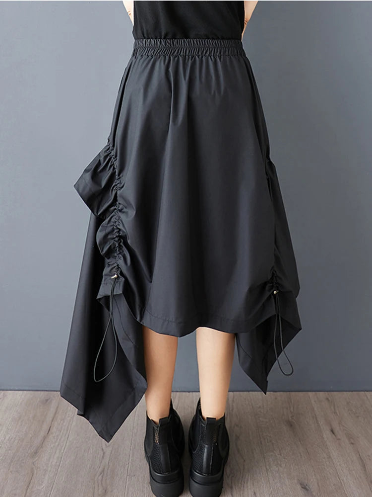 XITAO Irregular Pleated Drawstring Skirt Casual Elastic Waist Solid Color Personality A-line Korea Summer Women Skirt GYX1560