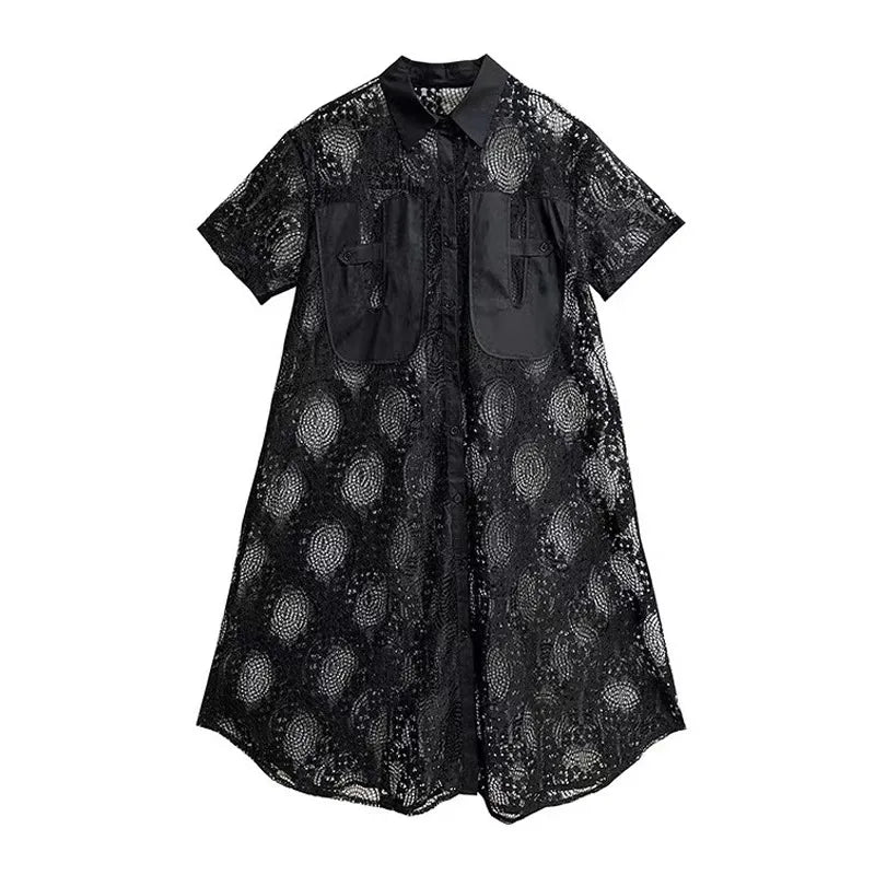 XITAO Lace Patchwork Single Breasted Dress Solid Color Turn-down Collar Short Sleeve Loose A-line Slim All Match Dress ZMY1190