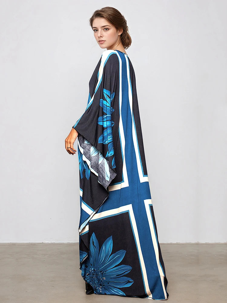 XITAO Print Contrast Color Dress Vintage Bat Wing Sleeve Flower V-neck Pullover Summer Woman Slimming Ankle-length Dress GJ1175