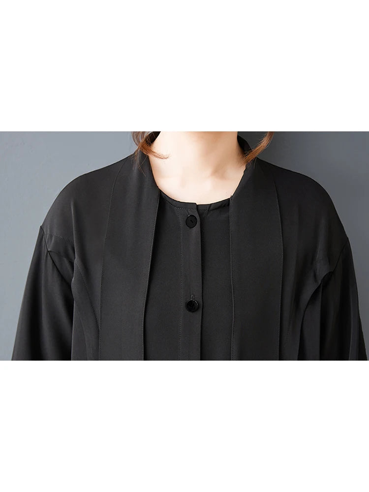 XITAO Drawstring Full Sleeve Vintage Dress Solid Color Single Breasted Loose Pocket Casual All-match Simple Woman Dress ZMY1407