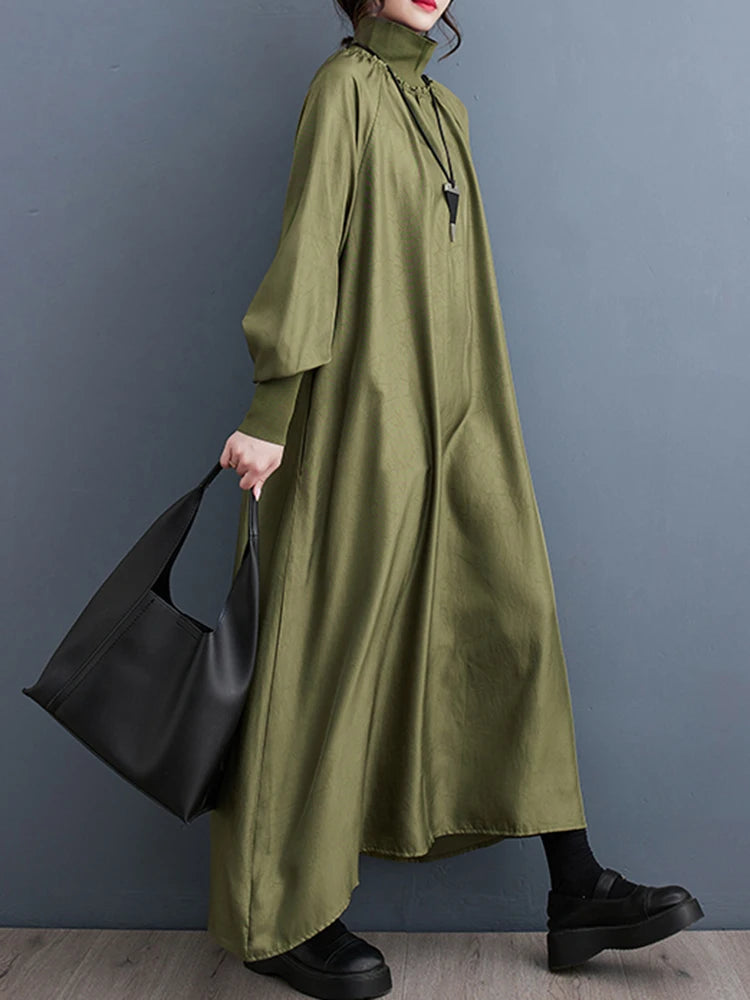 XITAO Loose Turtleneck Female Dress Fashion Temperament Irregular Women Autumn Simplicity Casual Long Sleeve Dress DMJ2337