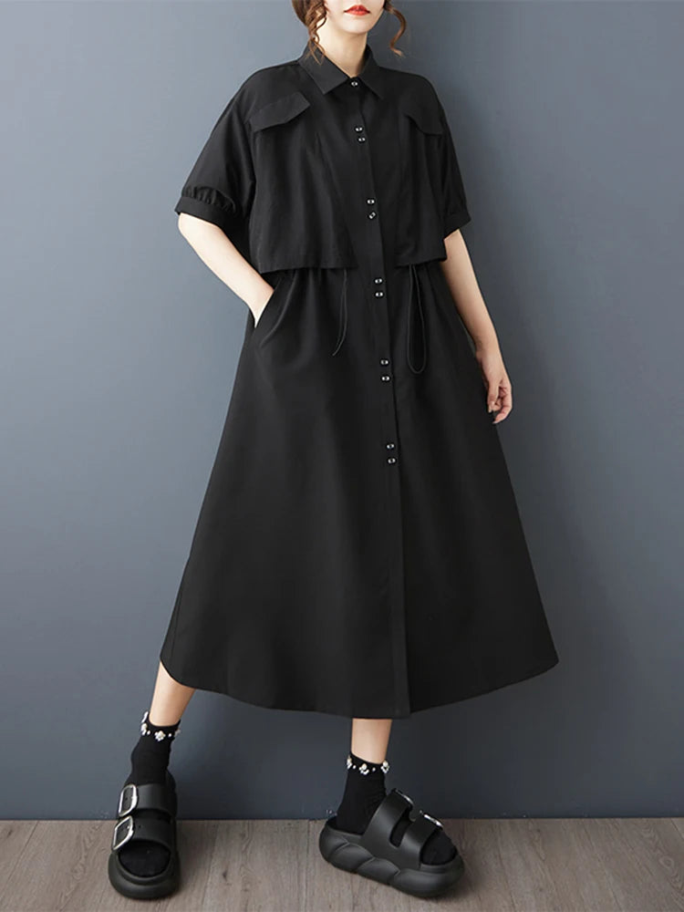 XITAO Drawstring Solid Color Dress Turn-down Collar Short Sleeve Slimming Patchwork Pocket Casual Summer Woman Dress ZMY1402