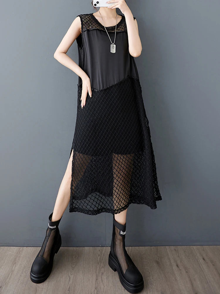 XITAO Sleeveless Irregular Dress Casual Hollow Out Mesh Patchwork Women Summer O-neck Korea Casual Pullover Dress ZMY1213