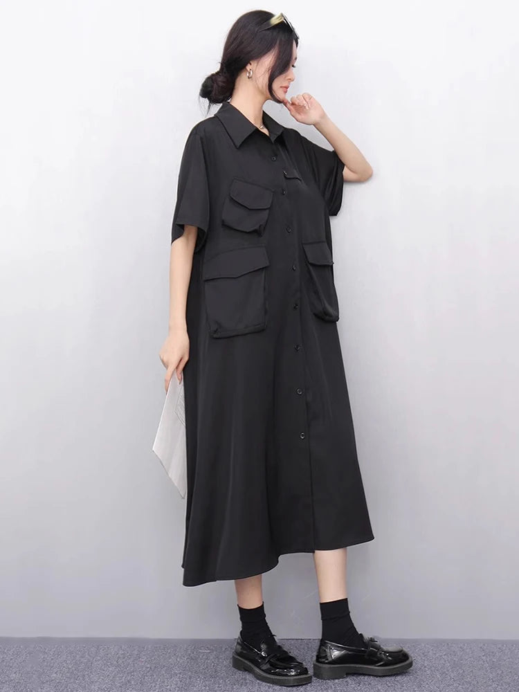 XITAO Loose Pocket Dress Fashion Temperament Simple Patchwork Women Casual Solid Color Single Breasted Shirt Dress ZMY1164