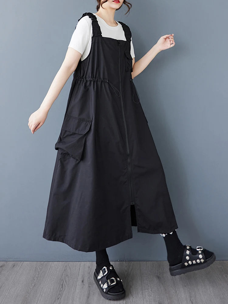 XITAO Zipper Pocket Patchwork Shirring Dress Solid Color Sleeveless Loose Casual Slim Summer Personality A-line Dress ZMY1217