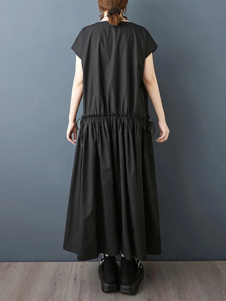 XITAO Solid Color Drawstring Dress O-neck Simple Temperament Pullover Slimming Loose Summer Woman A-line Casual Dress ZMY1331