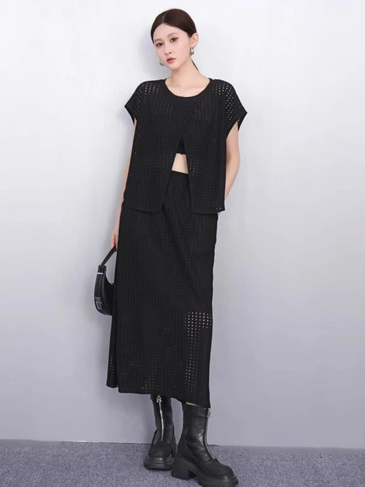 XITAO Irregular Sleeveless Loose Set Solid Color Casual Hollow Out O-neck Temperament Simple Summer Woman Two-piece Sets ZMY1292