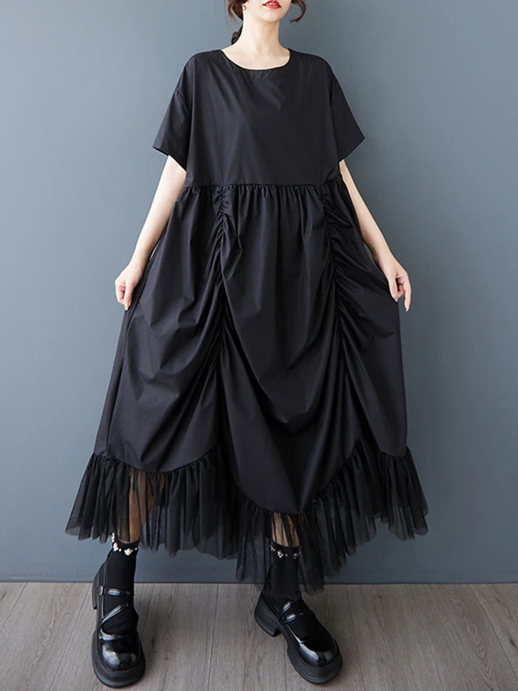 XITAO Loose Folds Female Dress Personality Mesh Irregular Patchwork Women Solid Color Slimming Vintage Pullover Dress ZMY1147
