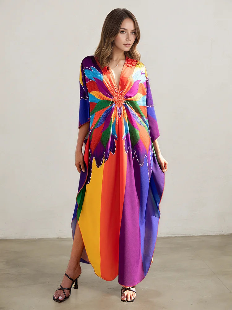 XITAO Batwing Sleeve Pullover Loose Dress Print V-neck Contrast Color Vintage Temperament Summer Woman Ankle-length Dress GJ1198