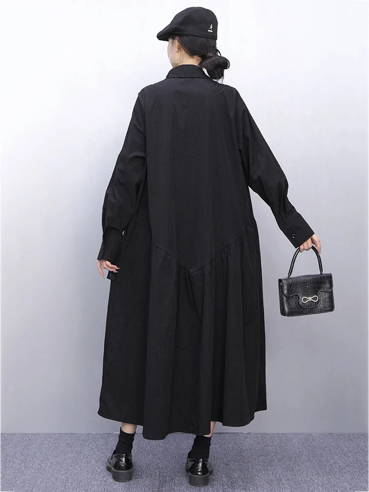 XITAO Patchwork Pleated Lapel Women Dress Casual Full Sleeve A-line Turn-down Collar Loose Slimming Spring Female Dress GYX1578