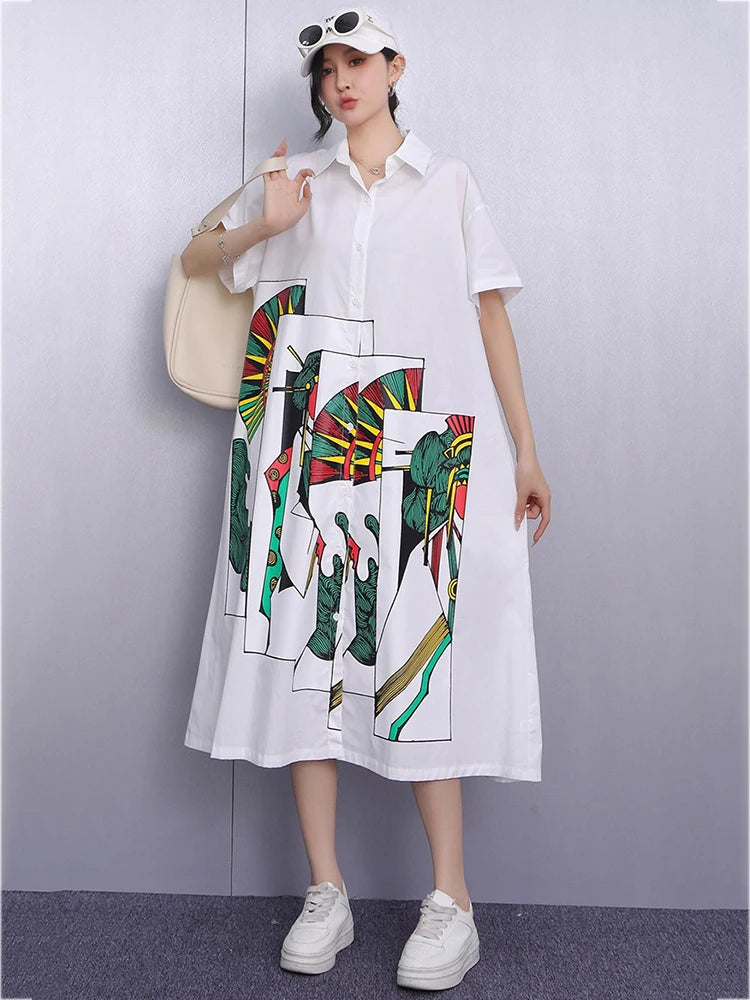 XITAO Patchwork Print Cartoon Dress Casual Turn-down Collar Loose Fitting New Single Breasted Summer Female Dress GYX1552