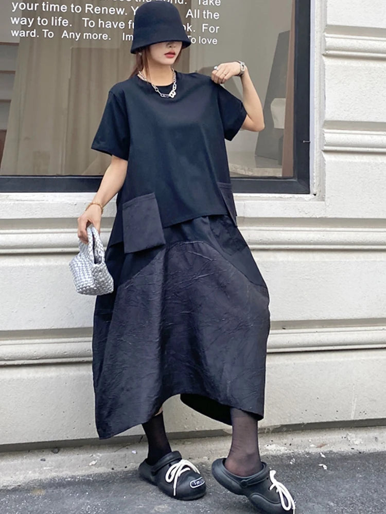 XITAO Pocket O-neck Half Sleeve T-shirt Casual Loose Fitting Leisure Contrast Color Fashion Simple Spring Women T-shirt GYX1568