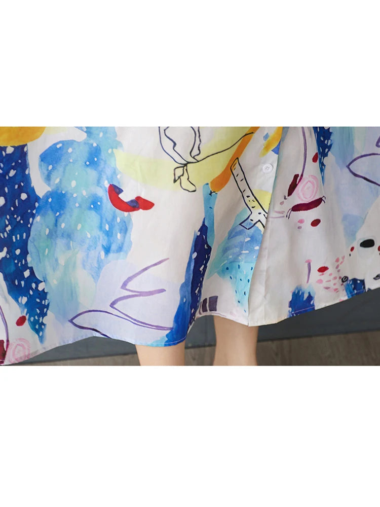 XITAO Print Single Breasted Turn-down Collar Dress Casual Loose Fitting A-line Short Sleeve Slimming Summer Women Dress ZMY1135